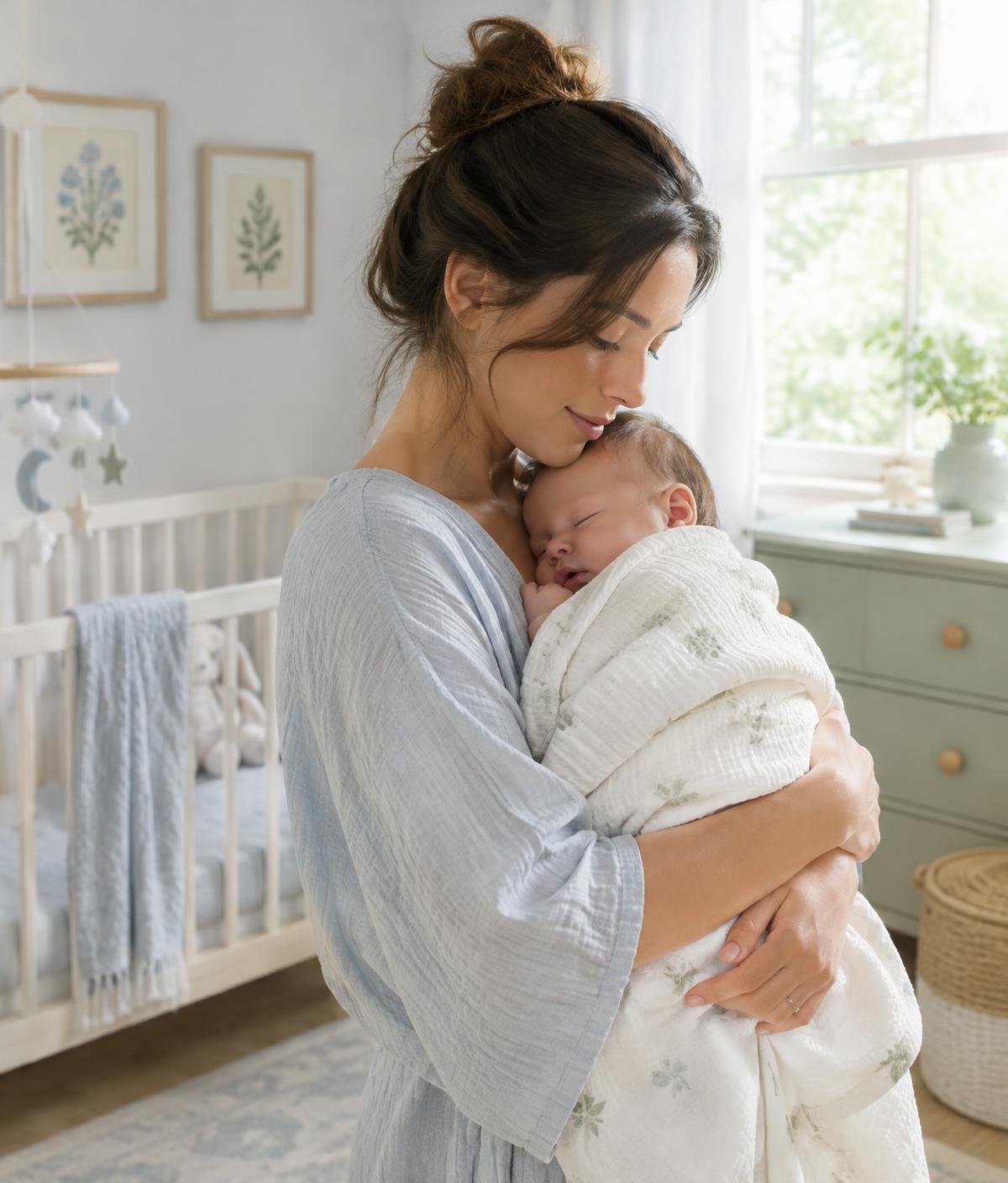 A mother holding her sleeping baby in a nursery